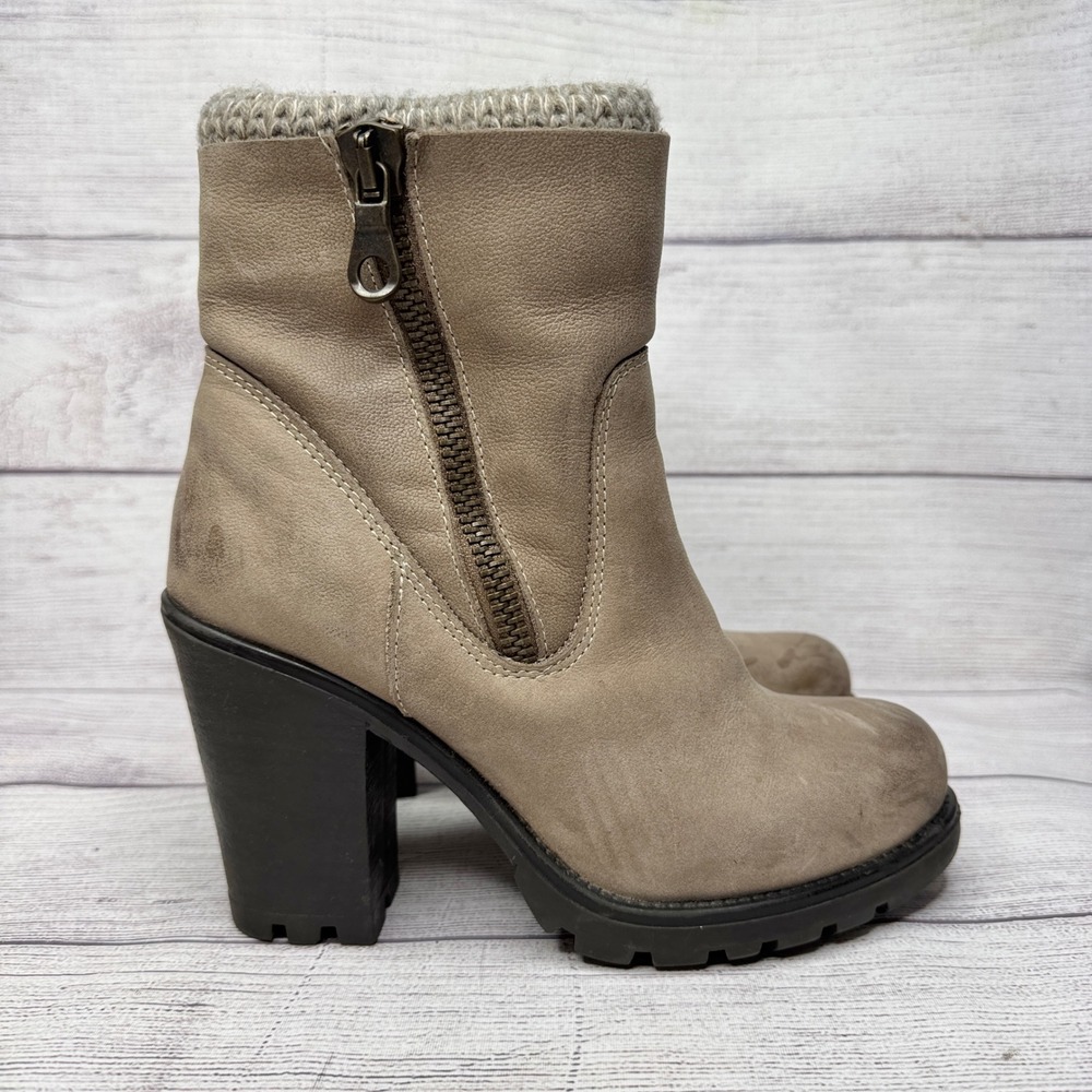 Steve Madden Sweaterr Taupe Leather Knit Collar Block Heel‎ Ankle Boots 7.5